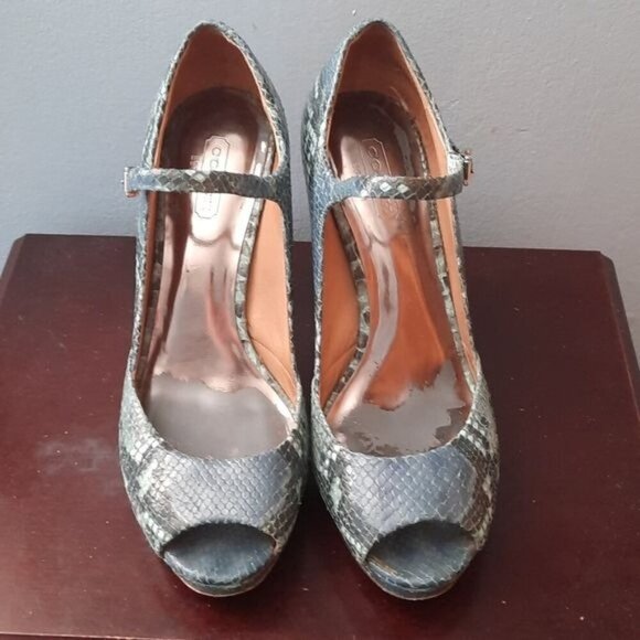 Coach Teal Blue Snakeskin Shawna High Heel Open Toe Platform Pumps Size 6.5. - Picture 1 of 11